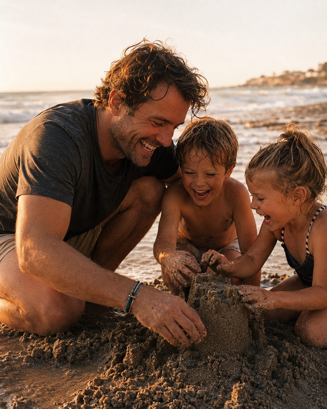 A father and two children laughing together at the beach while he wears PHLOband