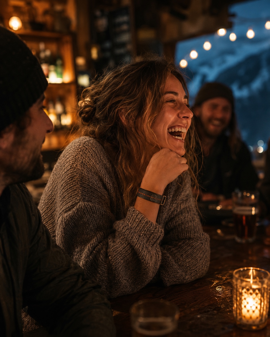 Friends laughing together at a warm night gathering while wearing PHLOband